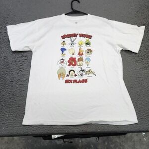Six Flags Looney Tunes Shirt Mens L White Character Grid Graphic Tee Made USA